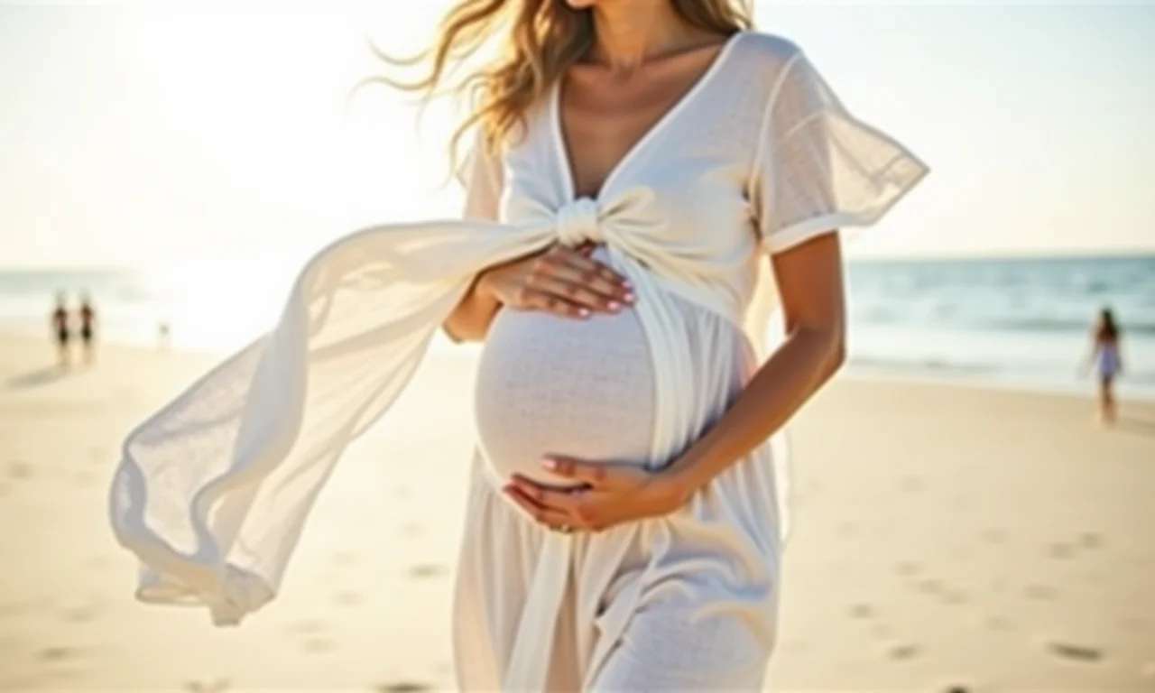 Grávida na praia, usando vestido de linho branco, leve e fluido.