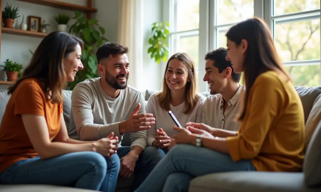 Grupo de adultos conversando em sala de estar, representando apoio familiar.