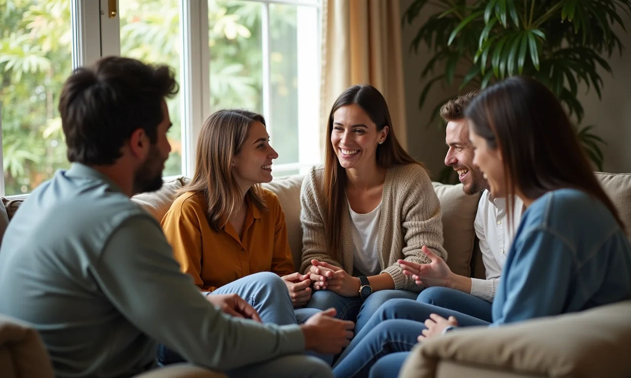 Grupo de adultos conversando em um sofá, demonstrando dinâmica familiar.