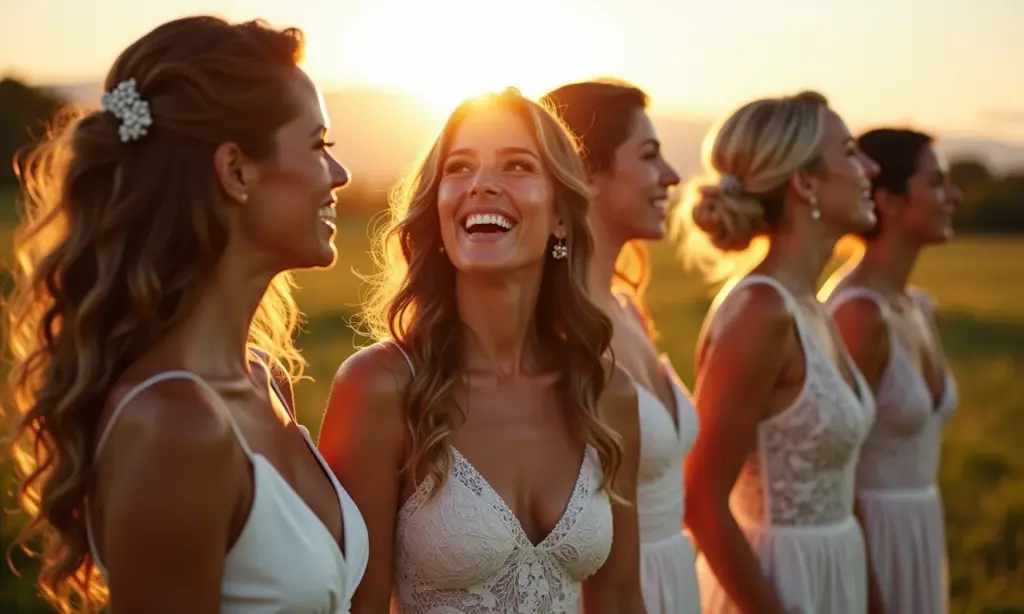 Grupo de damas de honra sorrindo, mostrando diversos penteados em casamento brasileiro.