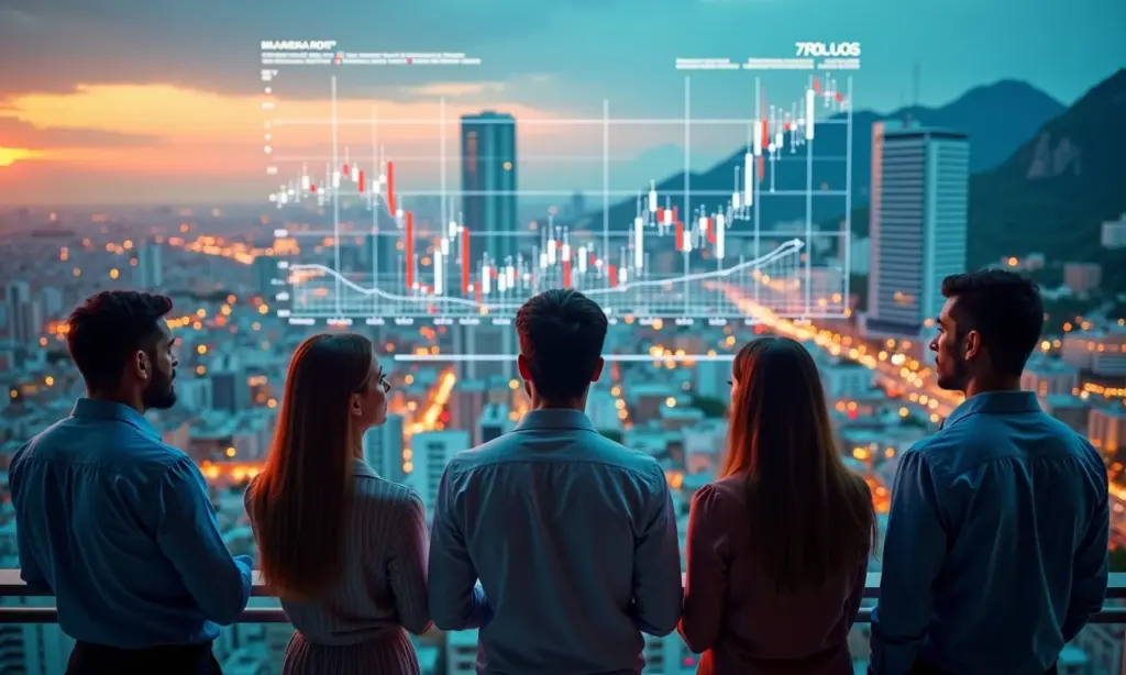 Valor Intrínseco: Como Calcular o Preço Justo de uma Ação Grupo diverso analisando gráficos de ações em cenário urbano brasileiro vibrante.
