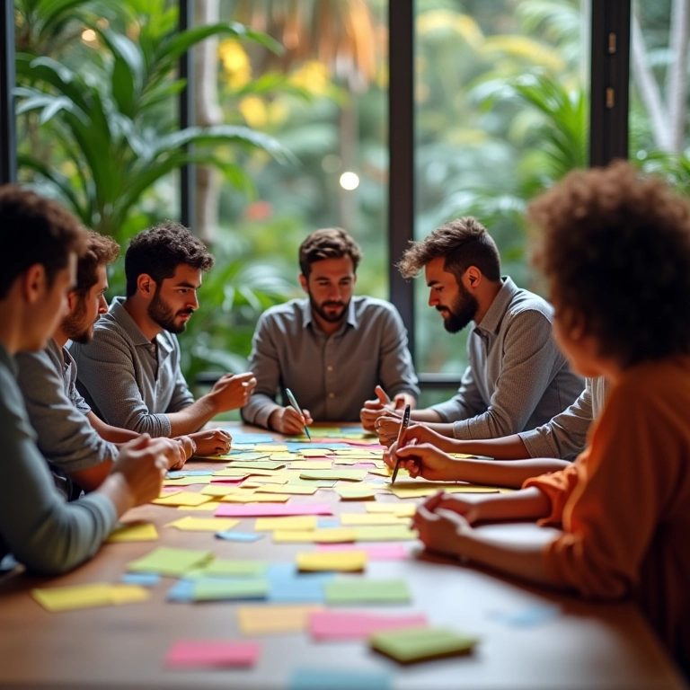 Resolução de Problemas: Ensine essa Competência Grupo diverso colaborando em brainstorming para resolução de problemas.