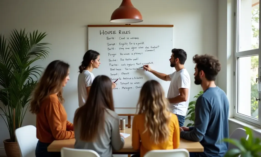 Grupo diverso criando regras de convivência em casa brasileira moderna.