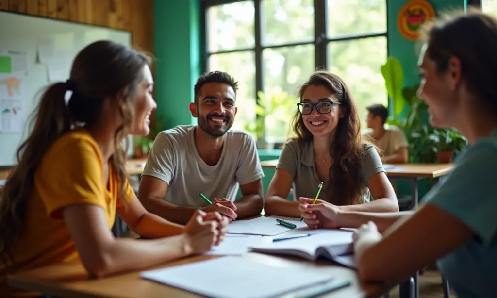 Educação e Sustentabilidade: Formando Cidadãos Grupo diverso de adultos aprendendo sobre sustentabilidade em sala de aula vibrante.