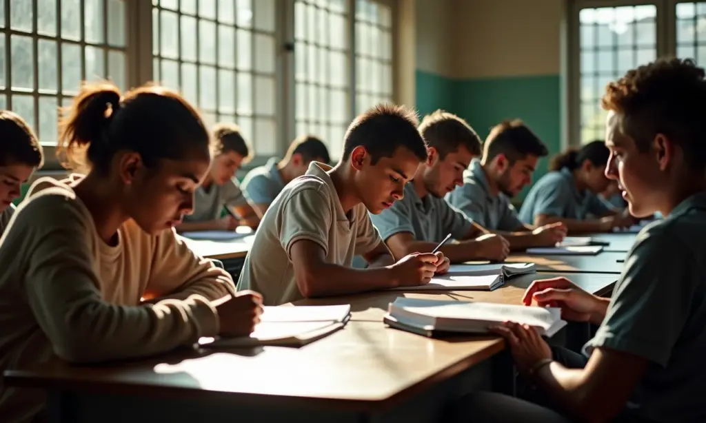 Grupo diverso de adultos estudando em sala de aula prisional, com luz solar pelas janelas.