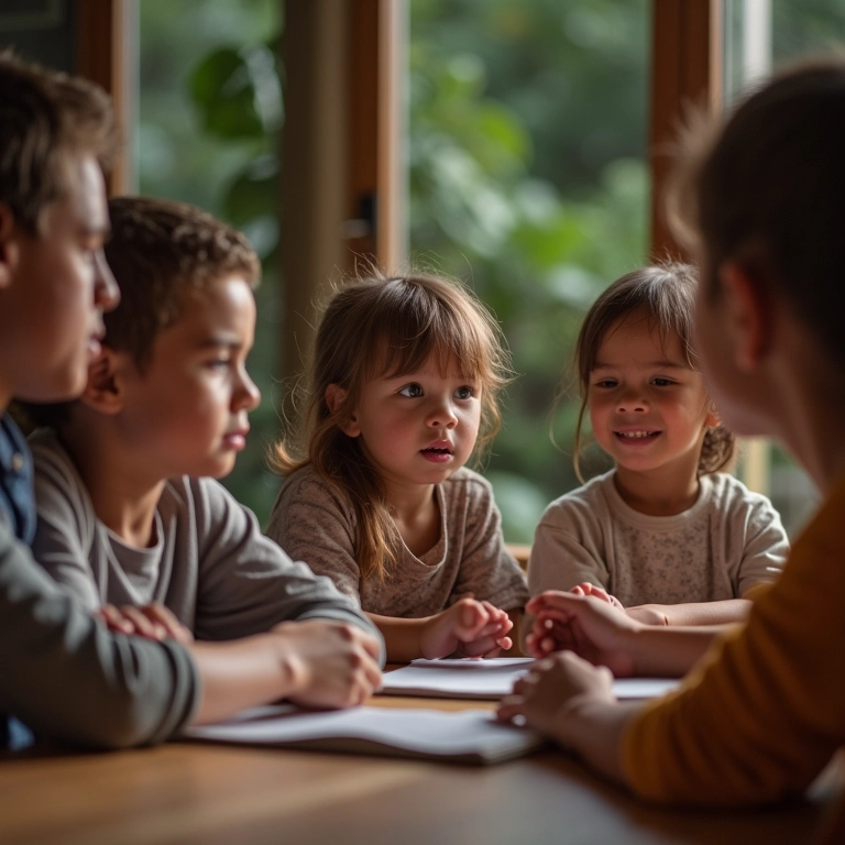 As Emoções no Direito de Família: Como Lidar com Elas Grupo diverso reunido em volta de mesa, conversando sobre emoções no direito de família.