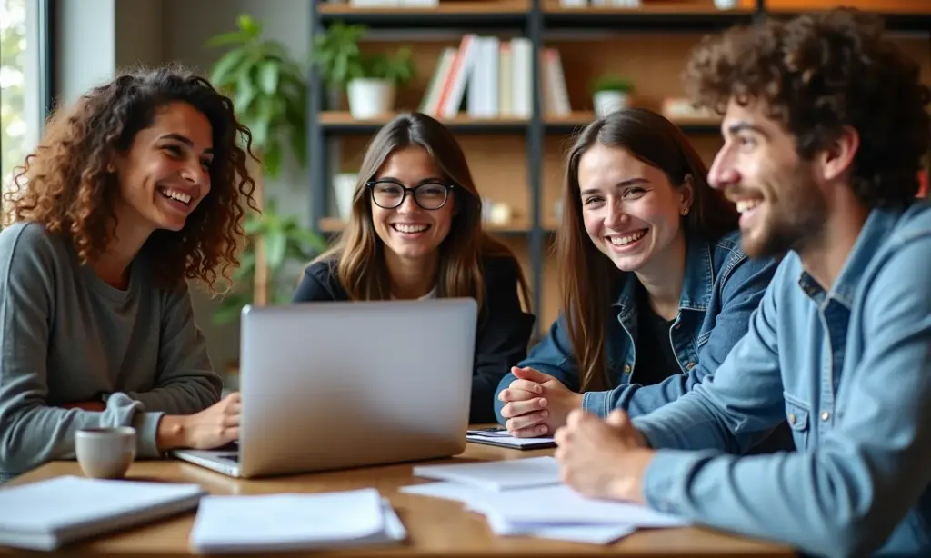 Grupo diverso trabalhando em equipe para criar conteúdo de blog.