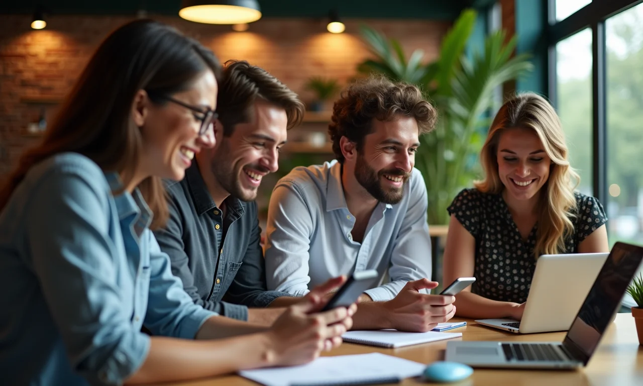 Grupo diverso utilizando um site em vários dispositivos em um espaço de coworking.