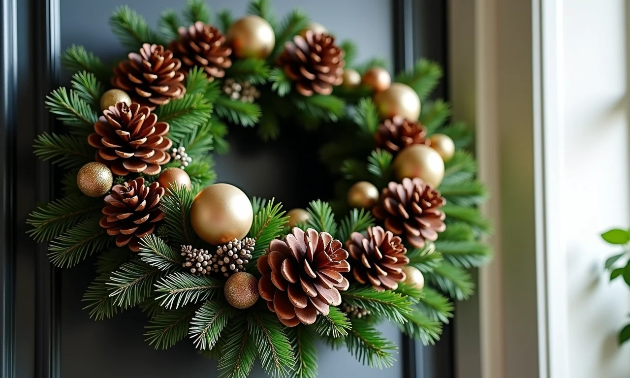 Guirlanda de Natal elegante feita de pinhas e ornamentos delicados.