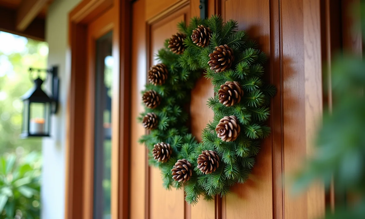 Guirlanda de Natal rústica feita de pinhas na porta de entrada.