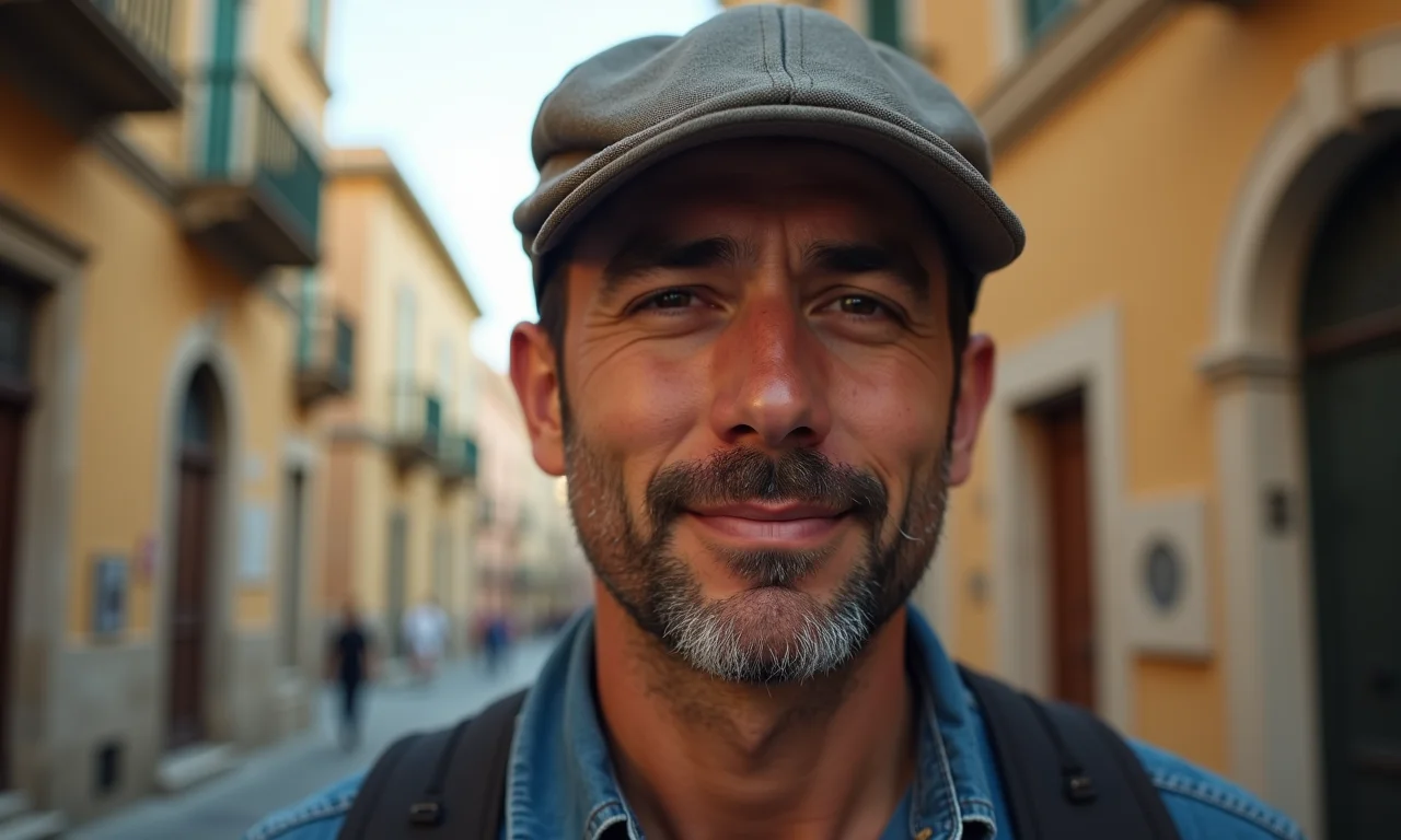 Homem italiano com boina Coppola em rua siciliana.