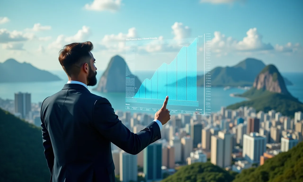 Homem projetando crescimento financeiro futuro sobre o Rio de Janeiro.