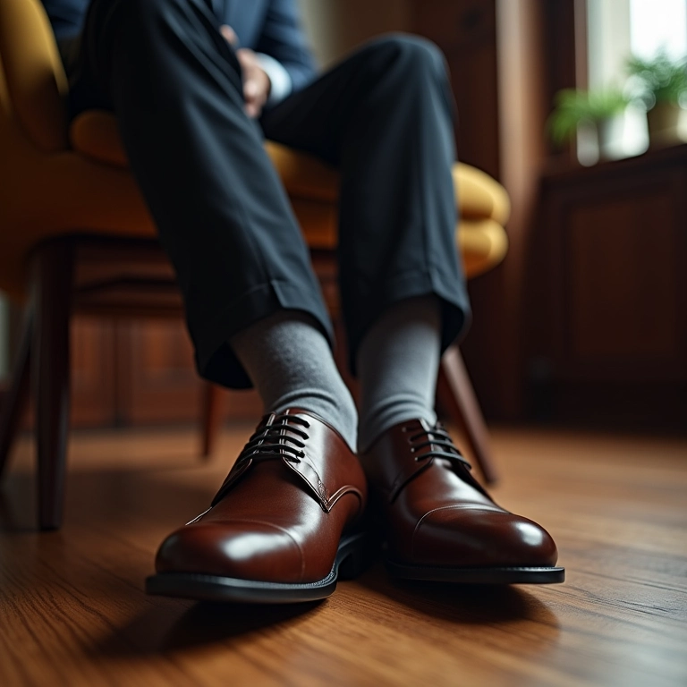 Homem usando sapatos sociais e meias elegantes em escritório.