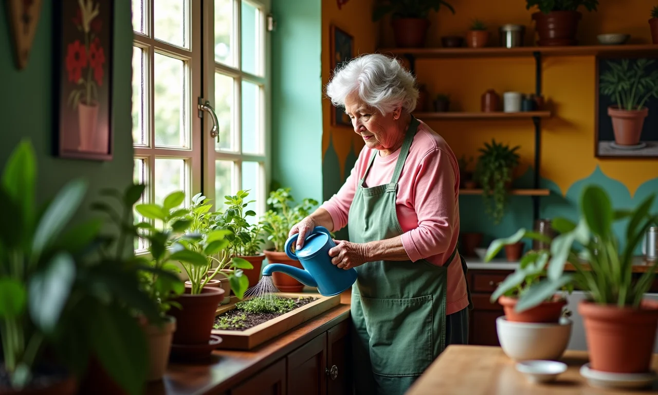Idosa cuidando de plantas em lar brasileiro aconchegante e colorido.