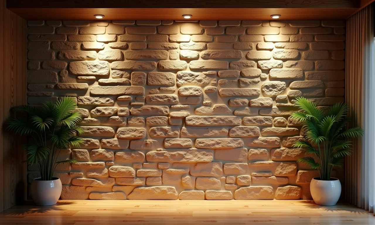 Iluminação destacando a textura da parede de pedra na sala.