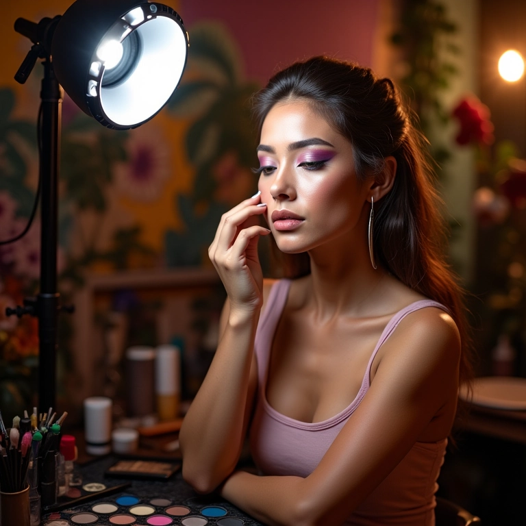 Iluminação profissional em studio de maquiagem com produtos diversos.