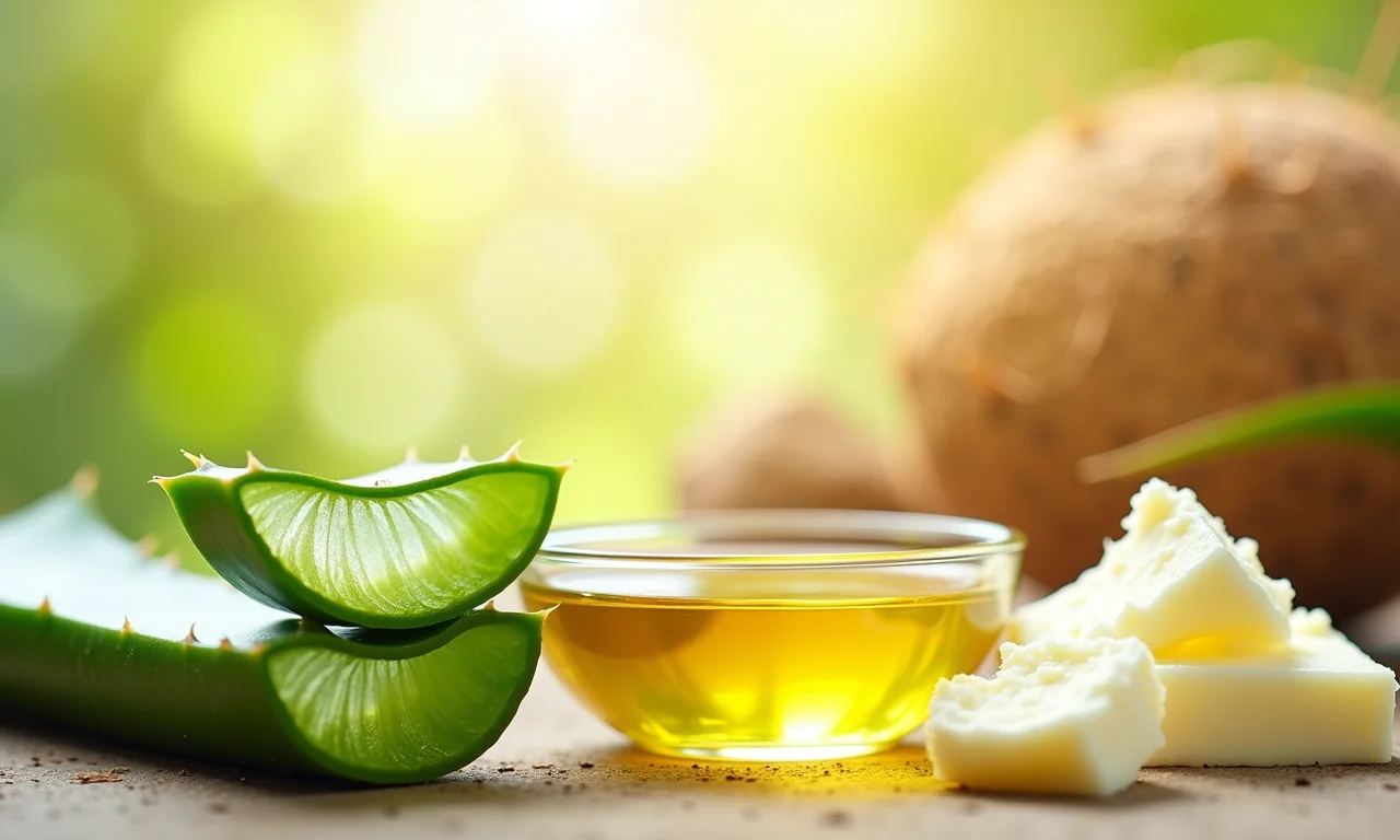 Ingredientes permitidos (aloe vera, óleo de coco, manteiga de karité) para cuidados capilares Low Poo e No Poo.