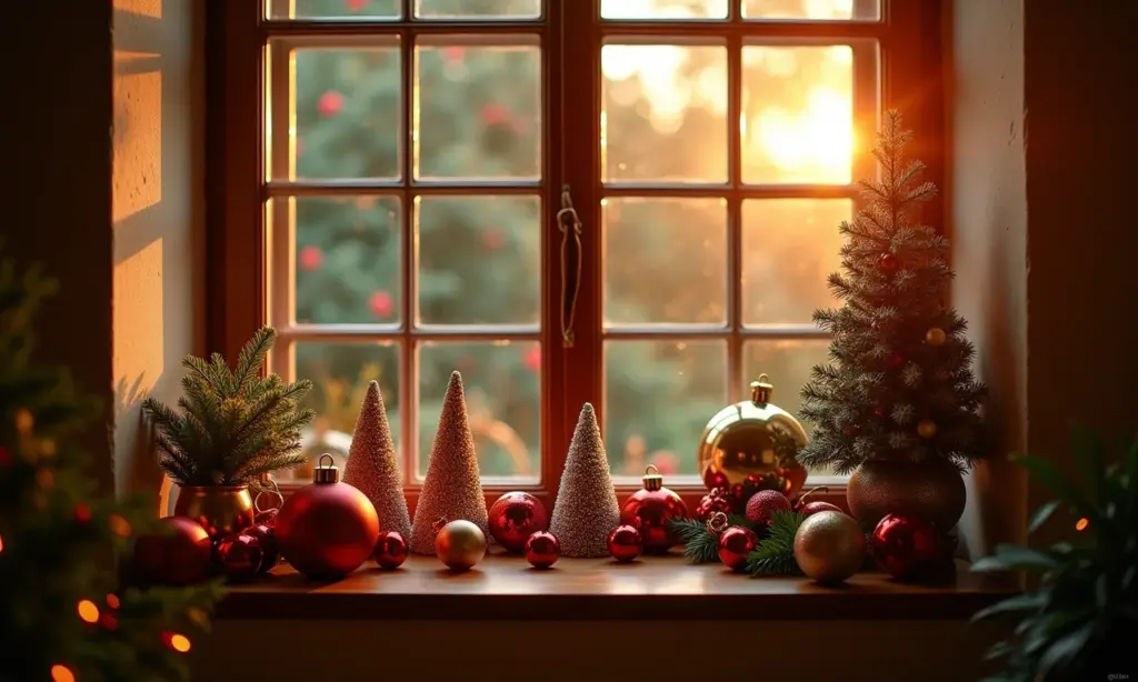Janela decorada para o Natal com diversos enfeites e iluminação aconchegante.