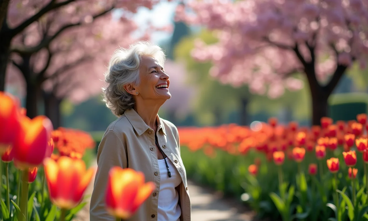 Jardim turco florido na primavera com uma mulher brasileira admirando a paisagem.