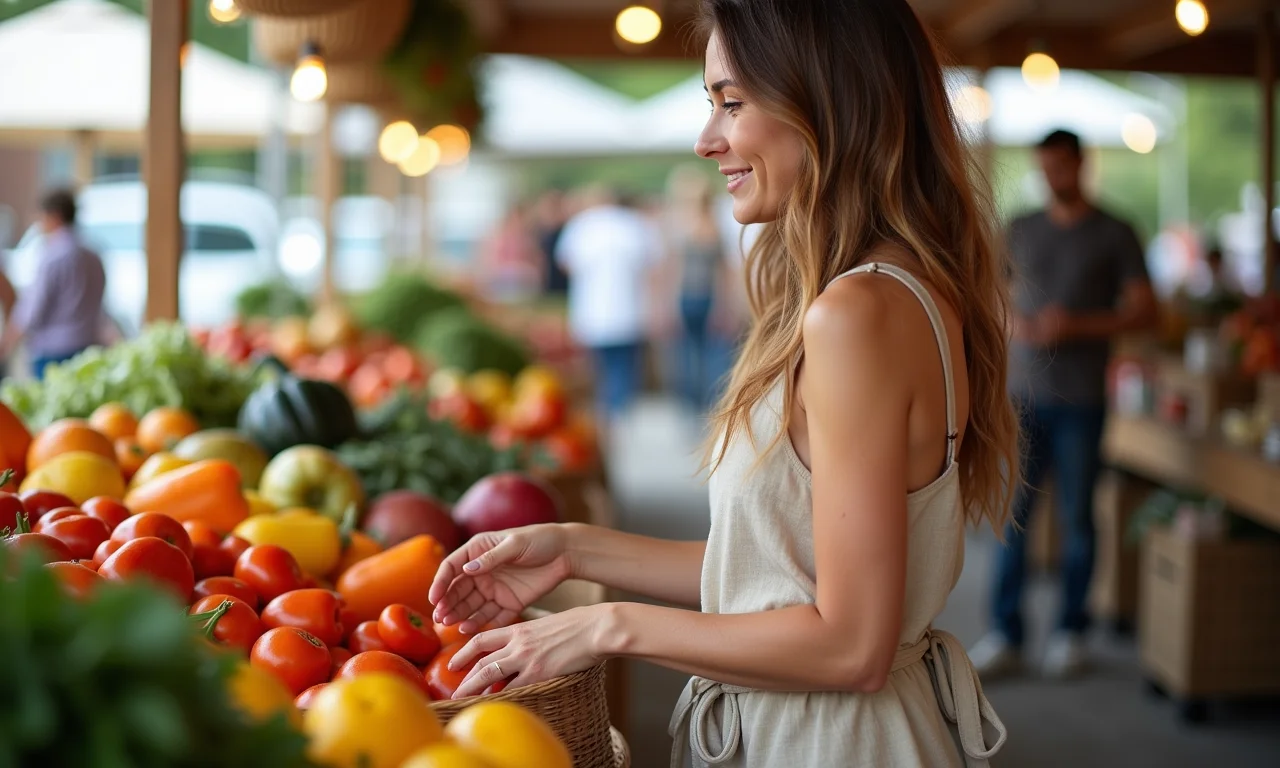 Jovem com saia envelope de linho no mercado, comprando frutas.