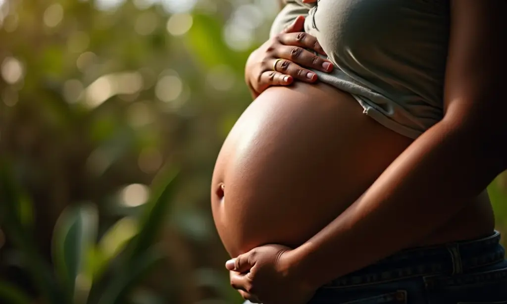 Gravidez na Adolescência: Direitos e Apoio para a Jovem Mãe Jovem grávida sorrindo, cercada por um grupo diverso de mulheres em um ambiente acolhedor.