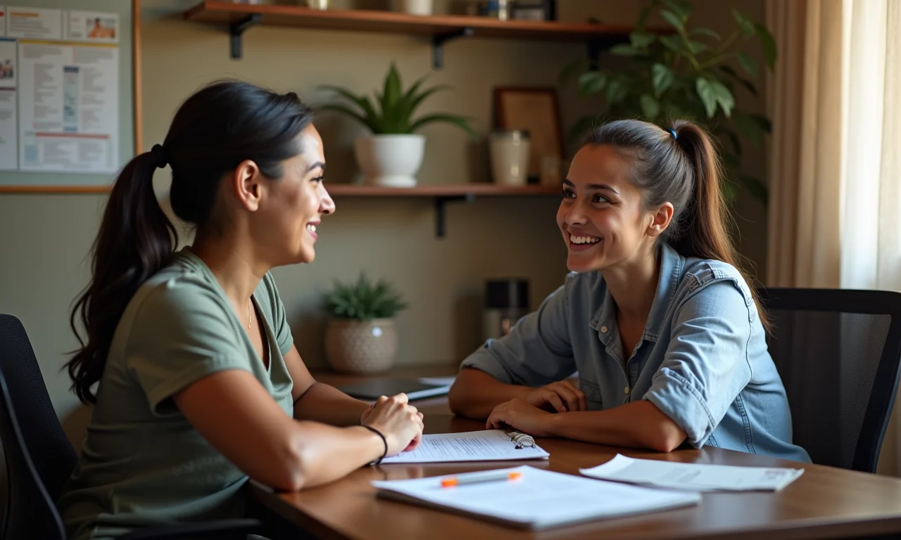 Jovem mãe recebendo orientação de um assistente social em ambiente acolhedor.