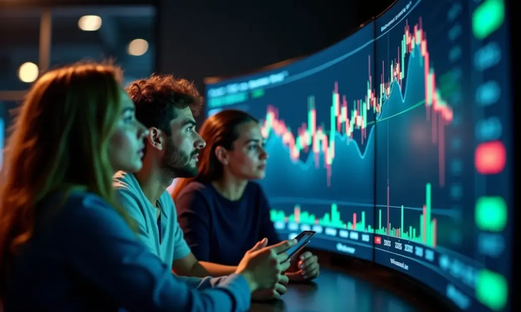 Mercado de Opções: O que é e Como Funciona Jovens adultos analisando gráficos do mercado de opções em tela digital.