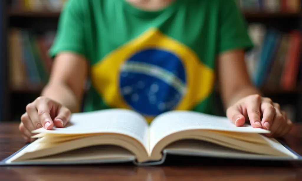 LDB: Um Resumo da Lei da Educação Brasileira Livro aberto com a bandeira do Brasil ao fundo, representando a educação brasileira.