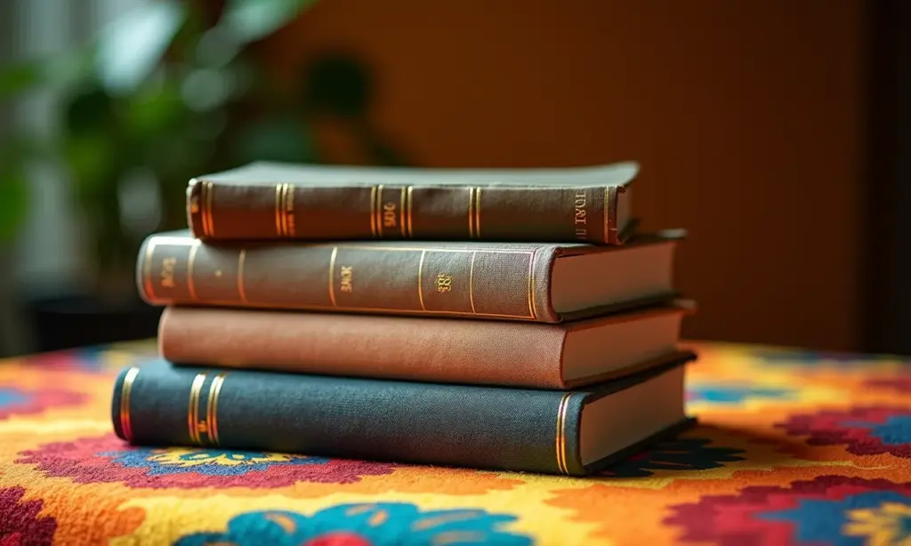 Livros sobre direito de família e literatura clássica empilhados sobre tecido vibrante, estilo brasileiro.