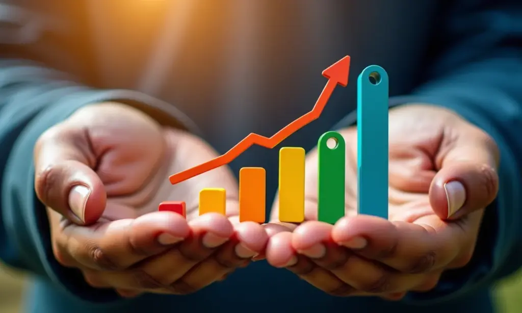 Mãos diversas segurando gráficos de ações com tendência de alta, representando valor intrínseco.