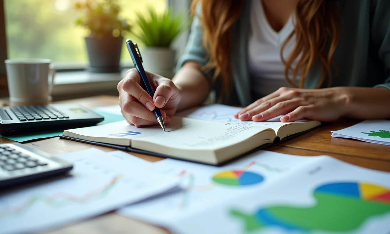 Mãos femininas escrevendo em um diário financeiro sobre uma mesa colorida.