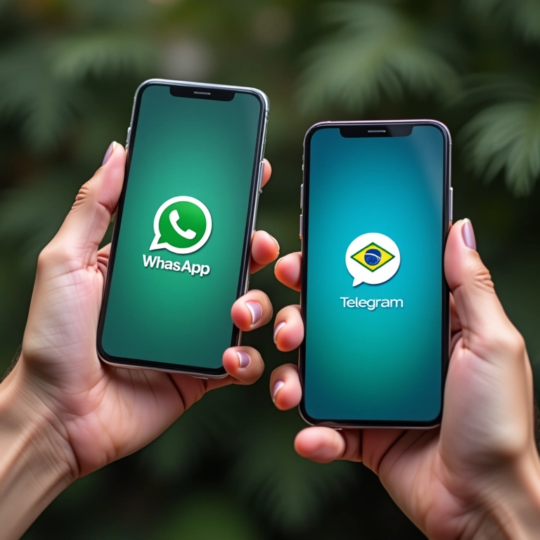 Mãos segurando smartphones com aplicativos de mensagens e bandeiras brasileiras.