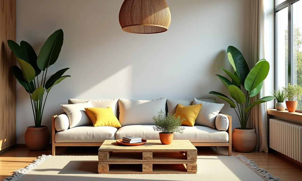 Mesa de centro feita de pallet em sala de estar decorada com estilo brasileiro.