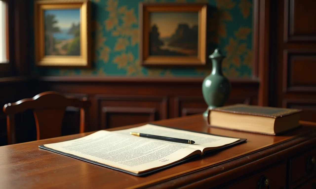 Mesa de madeira antiga com documentos legais e livro antigo, arte brasileira na parede.