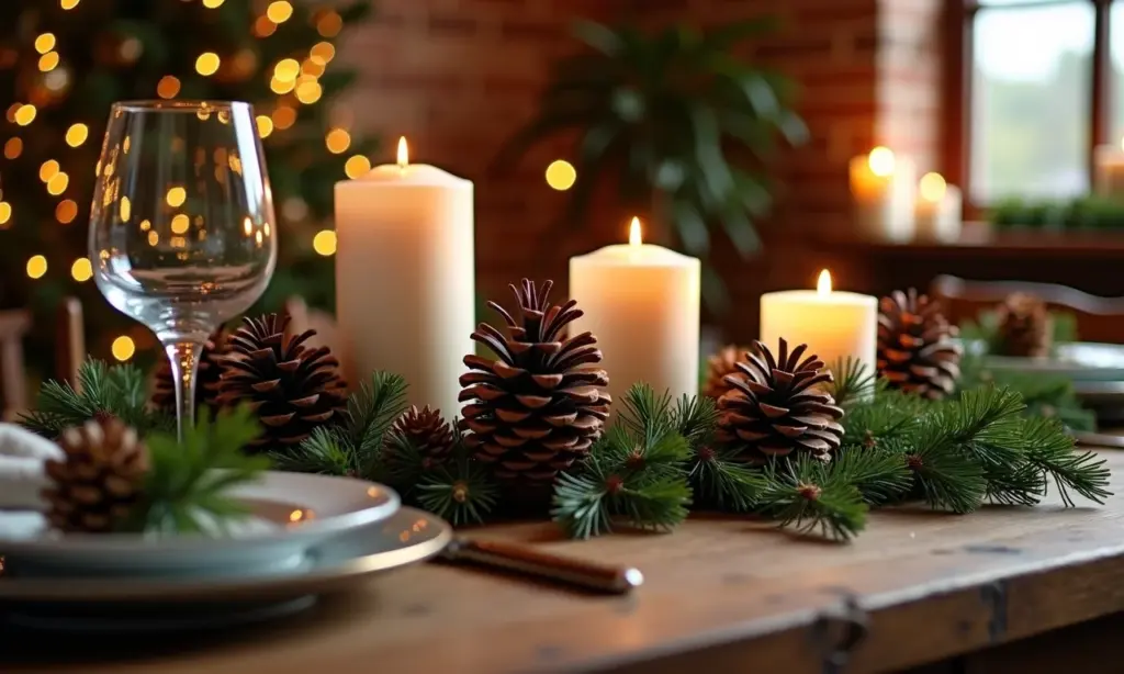Mesa de Natal decorada com pinhas, velas e detalhes rústicos.