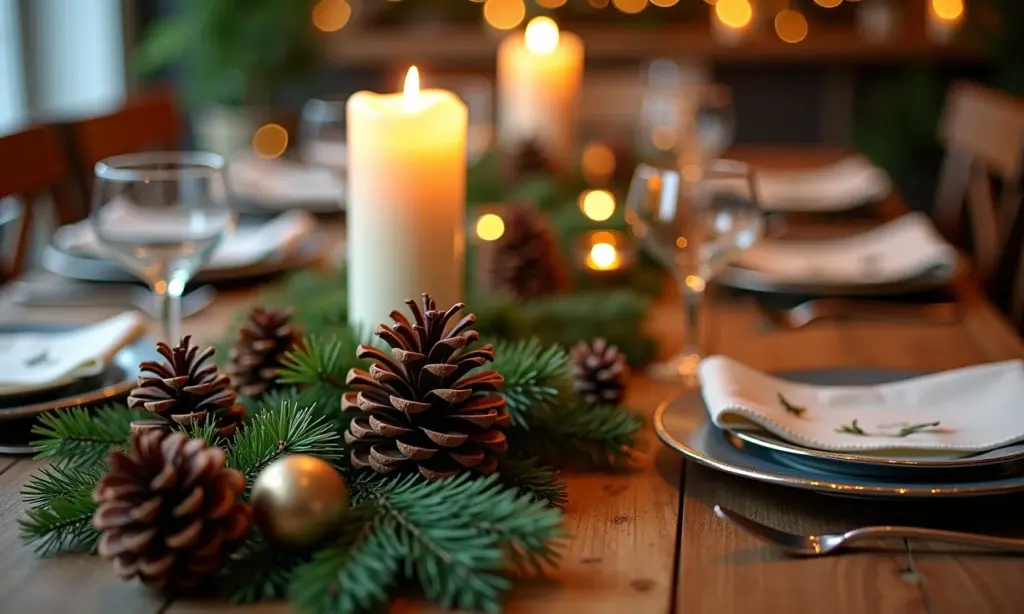 Mesa de Natal decorada com pinhas, velas e elementos rústicos.