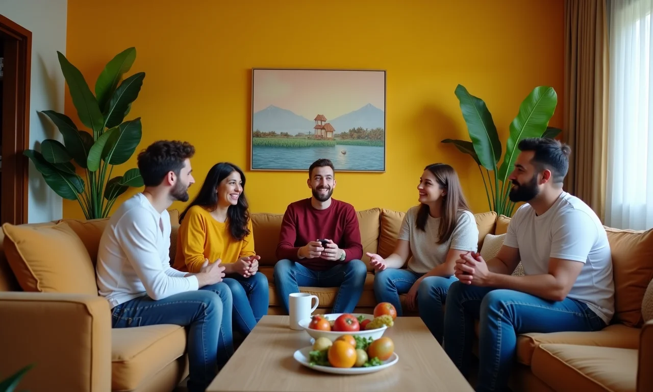 Moradores diversos reunidos em sala colorida discutindo valores da casa.