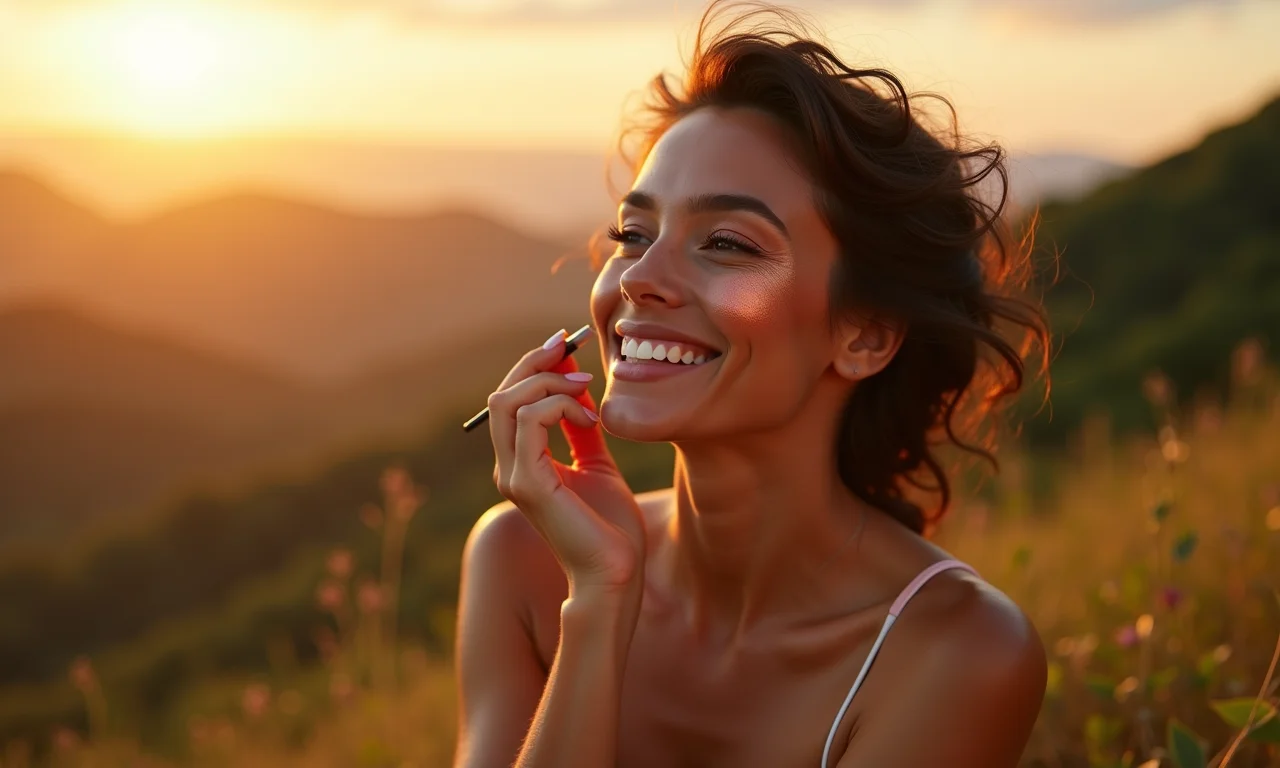 Morena aplicando blush bronze com paisagem brasileira ao fundo.