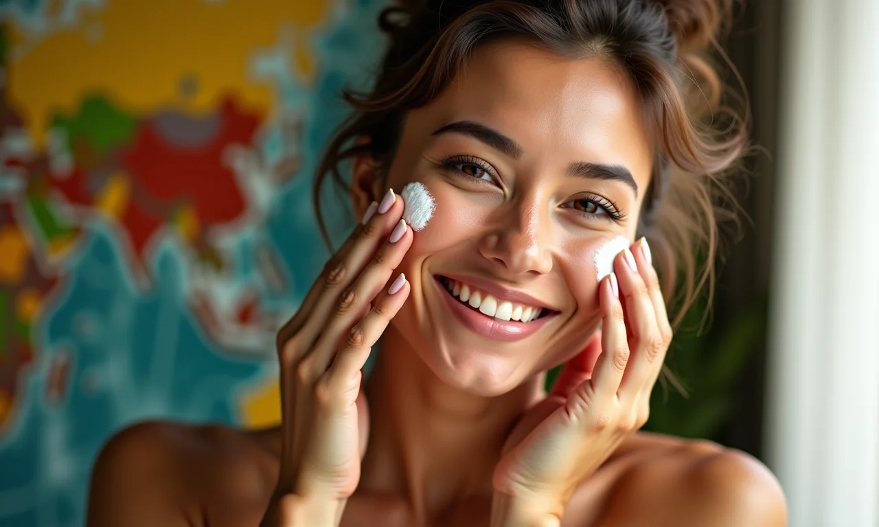 Mulher aplicando hidratante no rosto com sorriso.