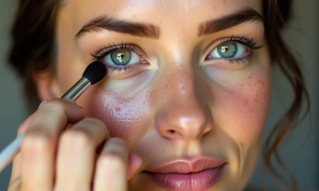 Make Para Pele com Manchas de Sol: Como Cobrir Mulher aplicando maquiagem para cobrir manchas solares no rosto, mostrando o antes e depois.