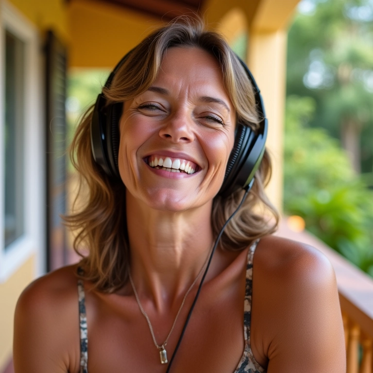 Mulher aproveitando fones Bluetooth.