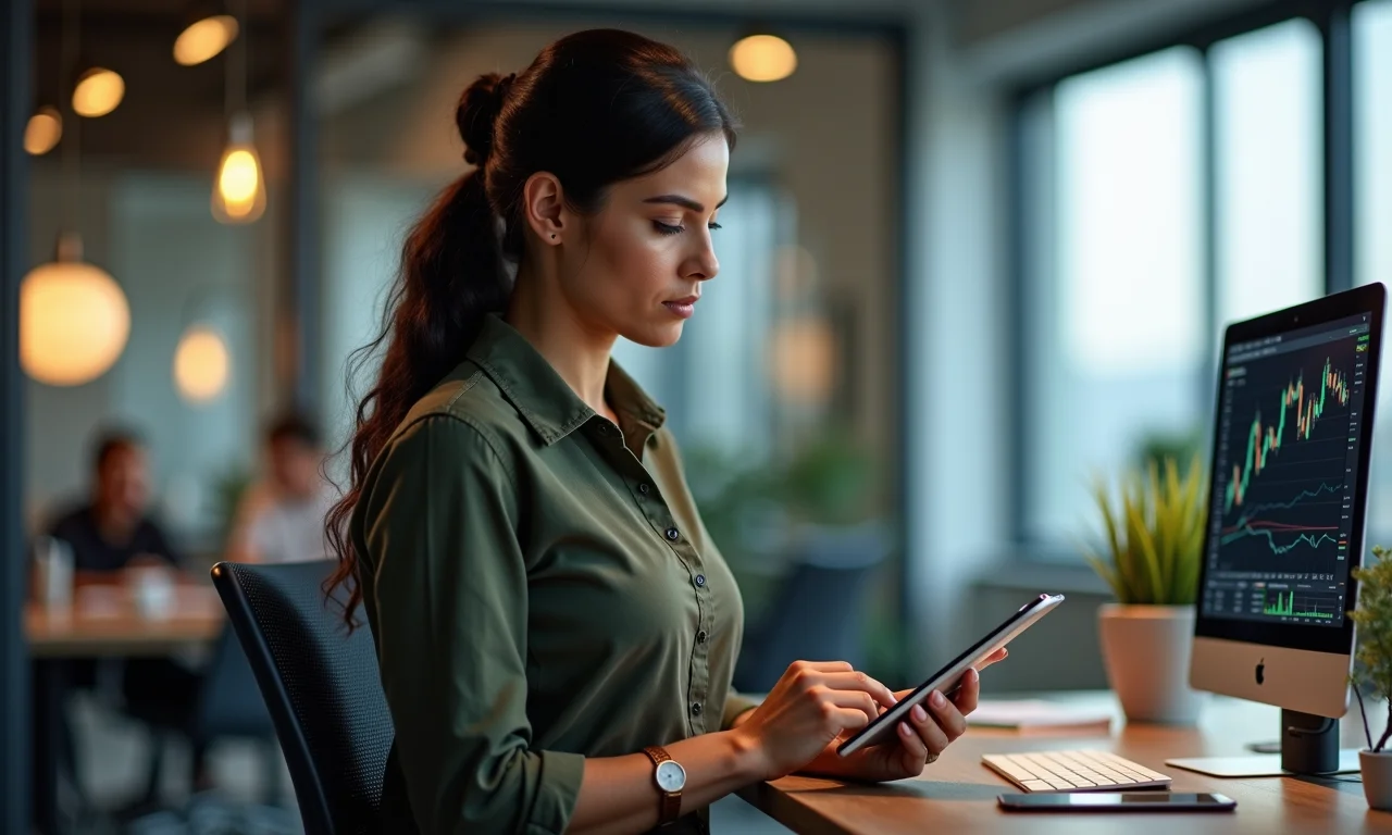 Mulher brasileira analisa dados do mercado de urânio em tablet.