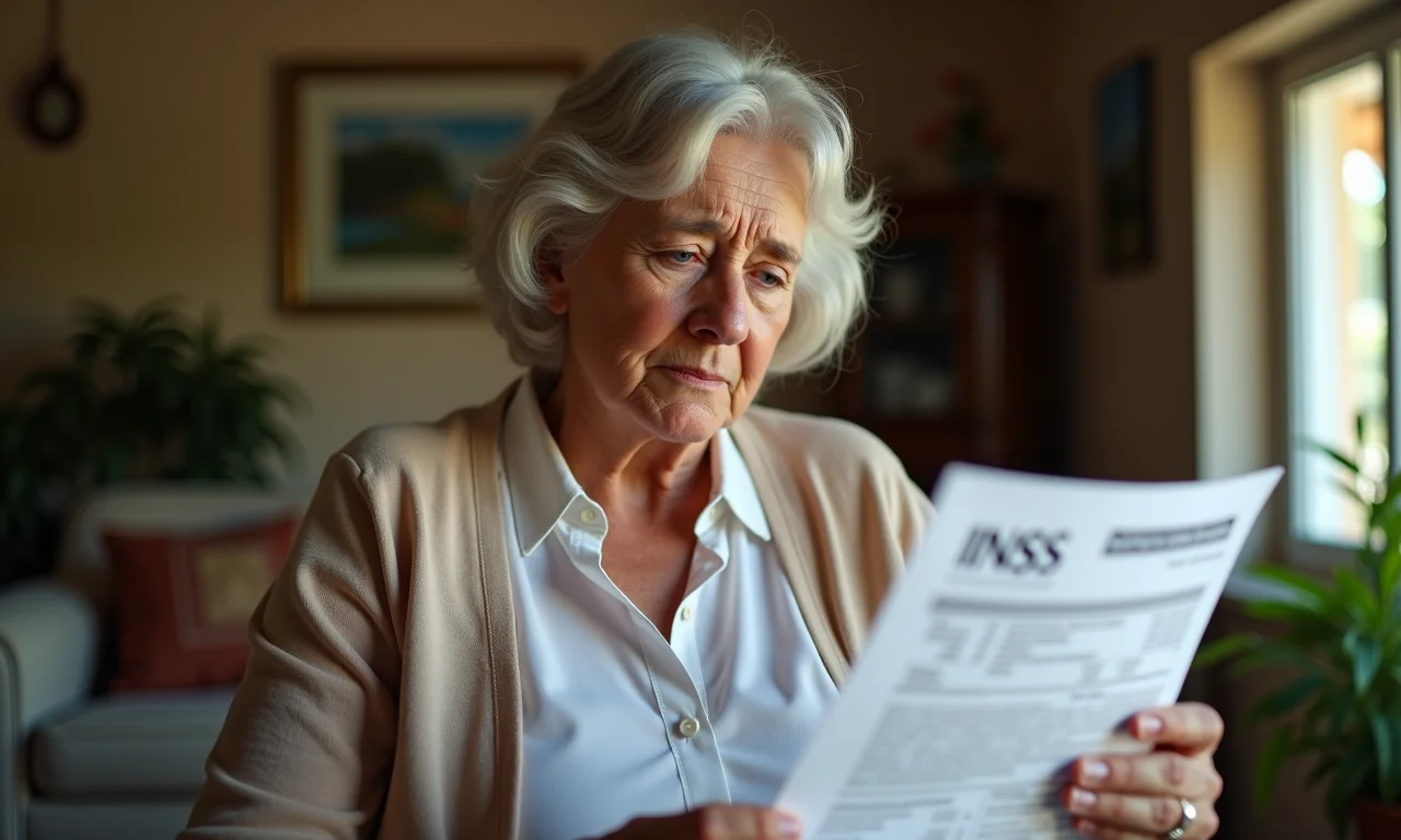 Mulher brasileira analisando extrato do INSS com expressão preocupada.
