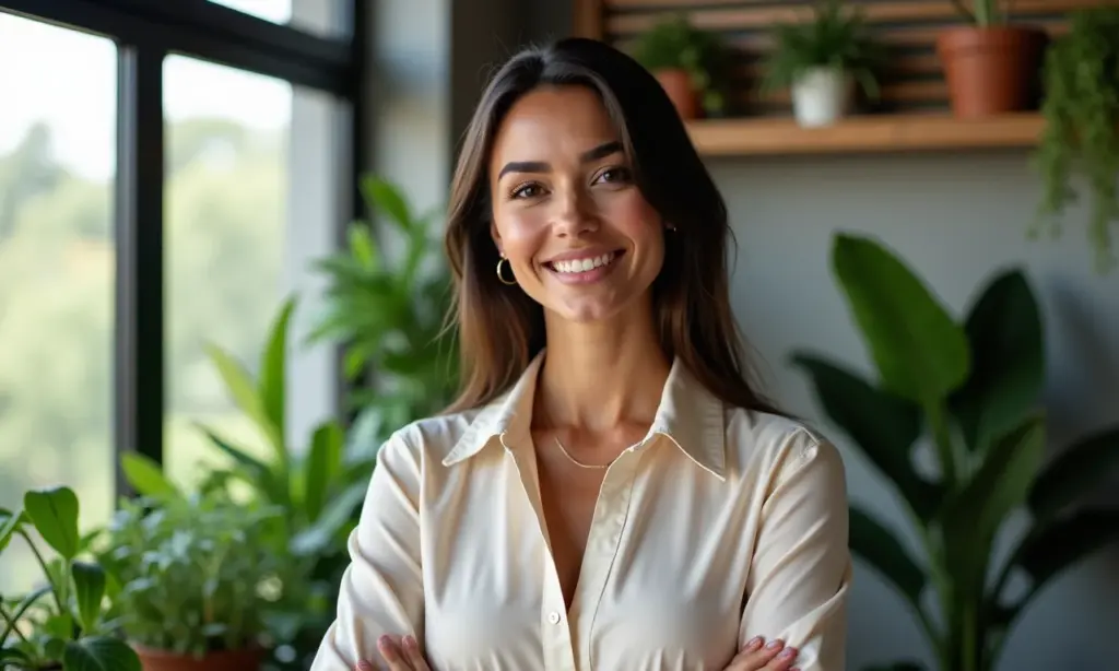 Mulher brasileira elegante com roupa de trabalho leve de verão em escritório moderno e bem iluminado.