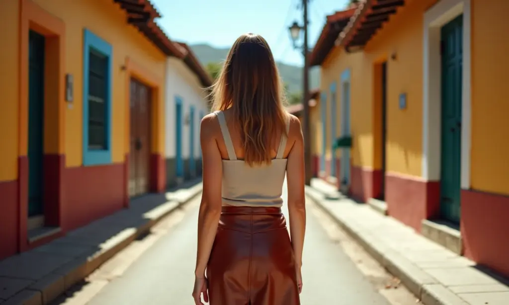 Mulher brasileira estilosa com saia de couro marrom em rua ensolarada, elegância terrosa.