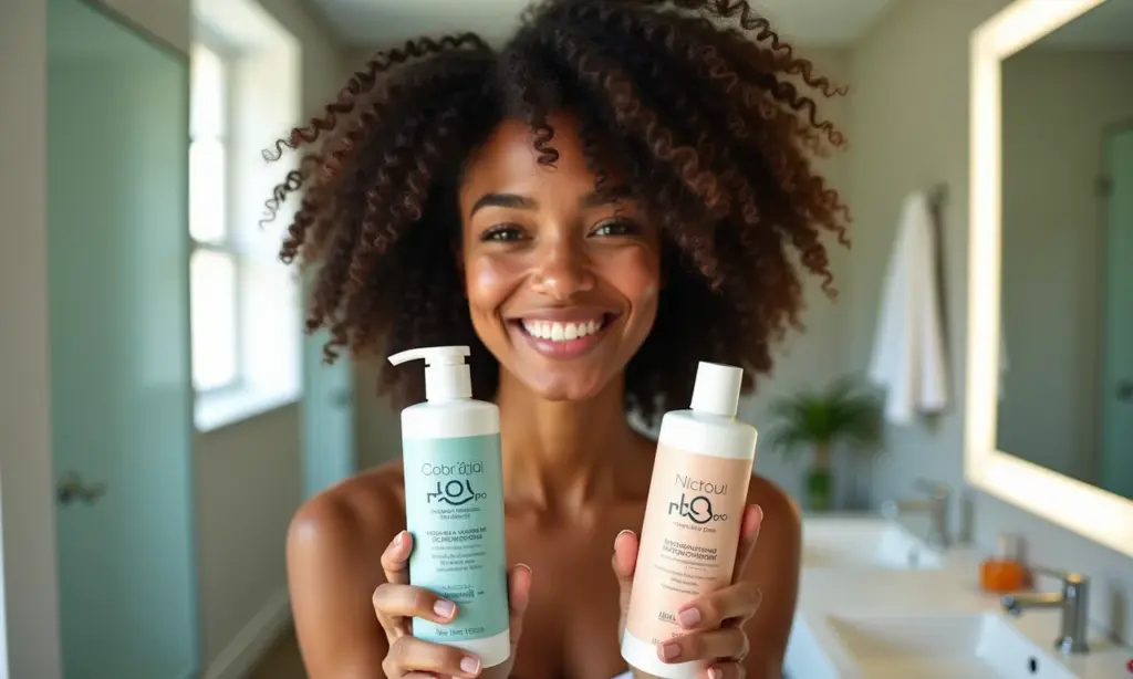 Mulher brasileira exibindo produtos Low Poo e No Poo para cabelo cacheado.
