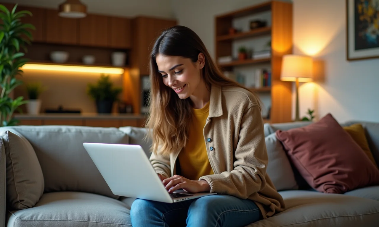 Mulher brasileira pesquisando investimentos internacionais em apartamento aconchegante.