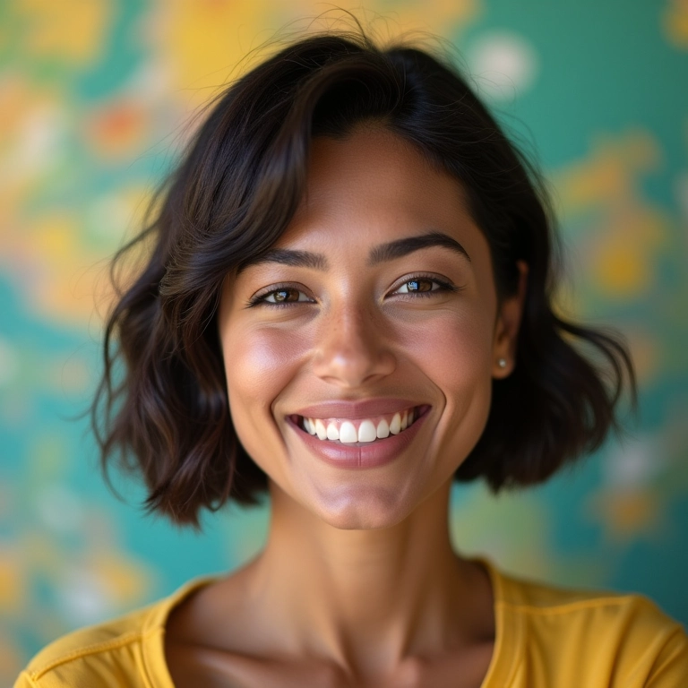 Melhor corte de cabelo para rosto redondo: inspire-se Mulher brasileira sorrindo com corte de cabelo moderno ideal para rostos redondos.