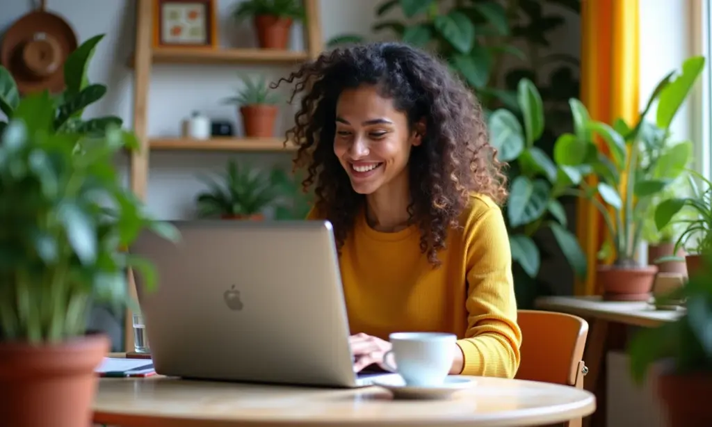 Freelancer Digital: O Que é e Como Começar a Trabalhar Mulher brasileira trabalhando como freelancer em escritório em casa vibrante e cheio de plantas.