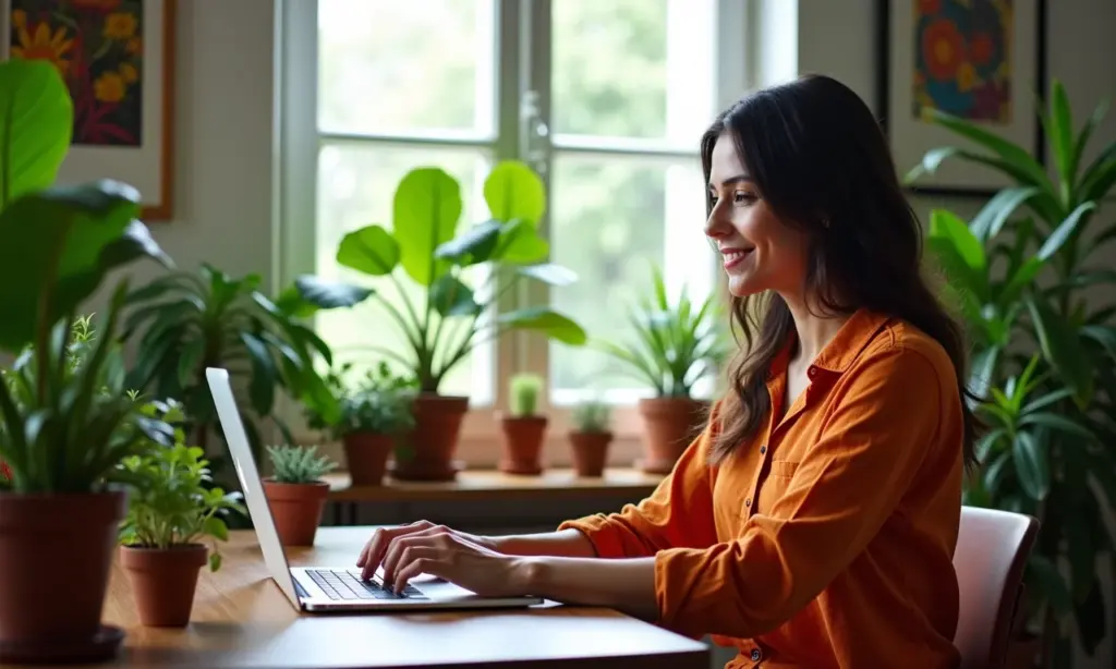 Freelancer Digital: O Que é e Como Começar a Trabalhar Mulher brasileira trabalhando remotamente em um escritório em casa vibrante e cheio de plantas.